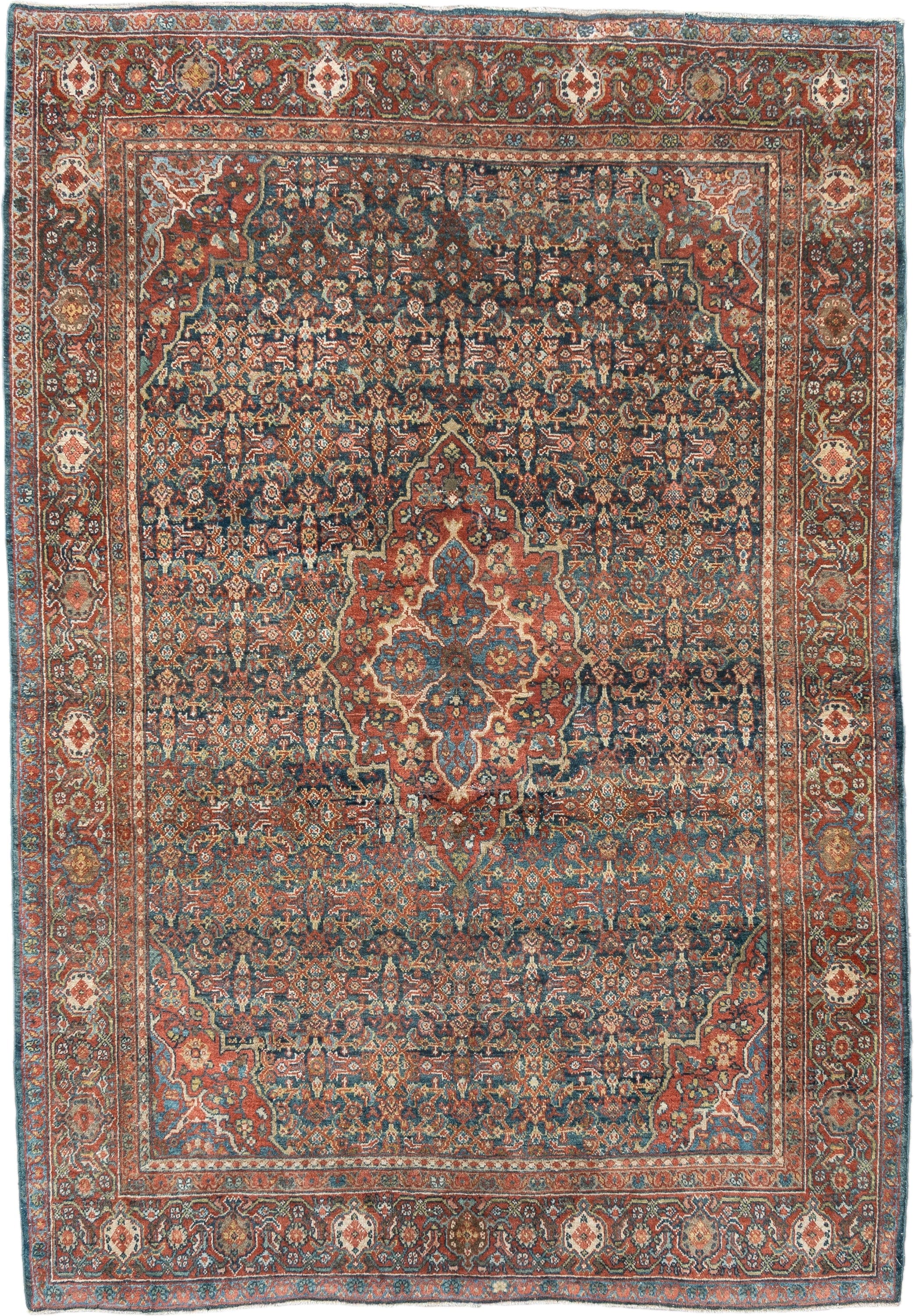 4' x 6' one-of-a-kind handmade antique Sarouk small size rug. Color palette: rust, navy, sky_blue, ivory, olive, coral