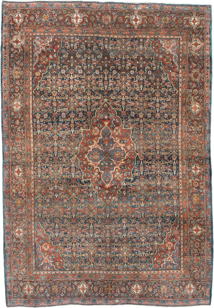 4' x 6' one-of-a-kind handmade antique Sarouk small size rug. Color palette: rust, navy, sky_blue, ivory, olive, coral