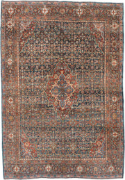 4' x 6' one-of-a-kind handmade antique Sarouk small size rug. Color palette: rust, navy, sky_blue, ivory, olive, coral