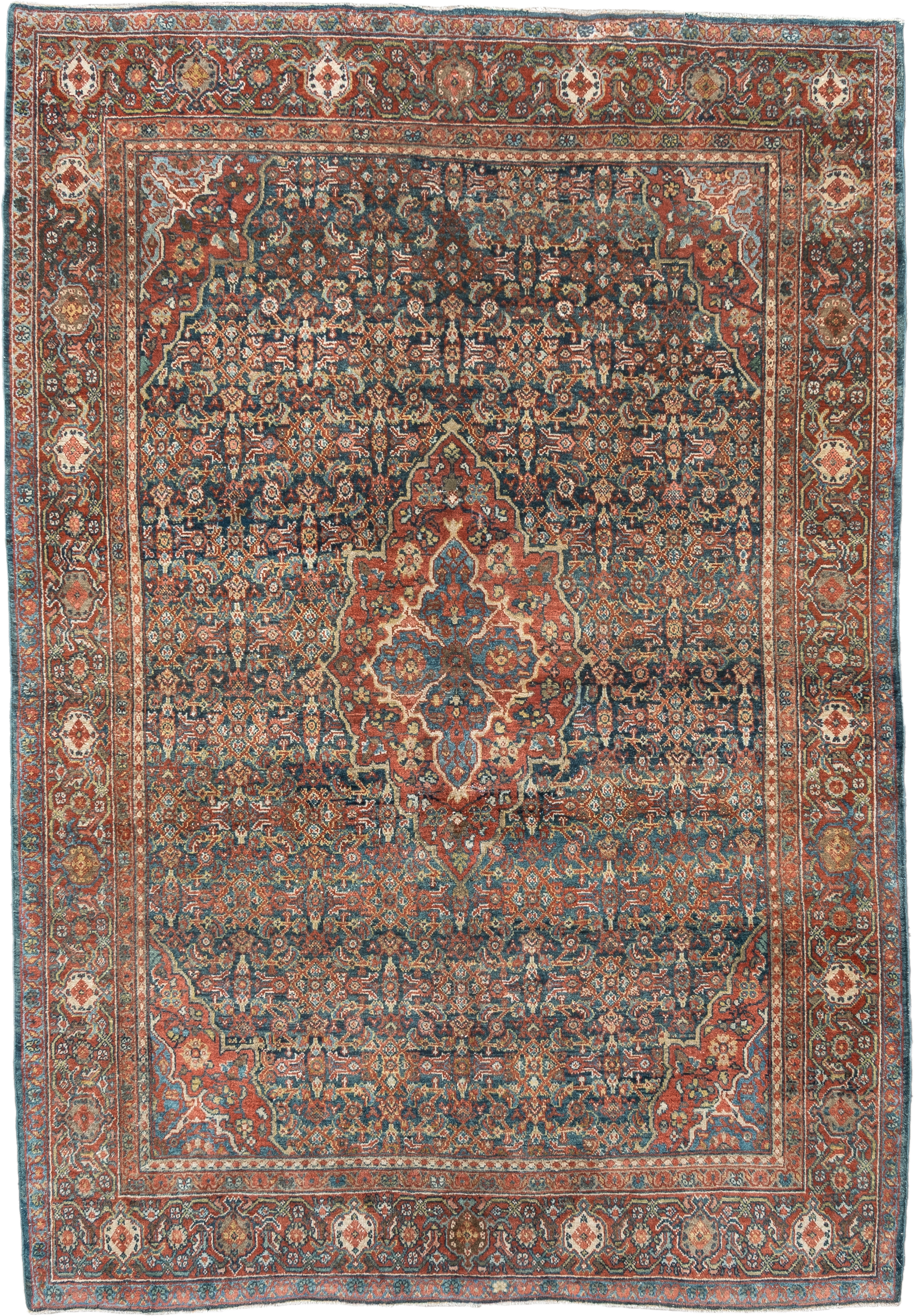 4' x 6' one-of-a-kind handmade antique Sarouk small size rug. Color palette: rust, navy, sky_blue, ivory, olive, coral