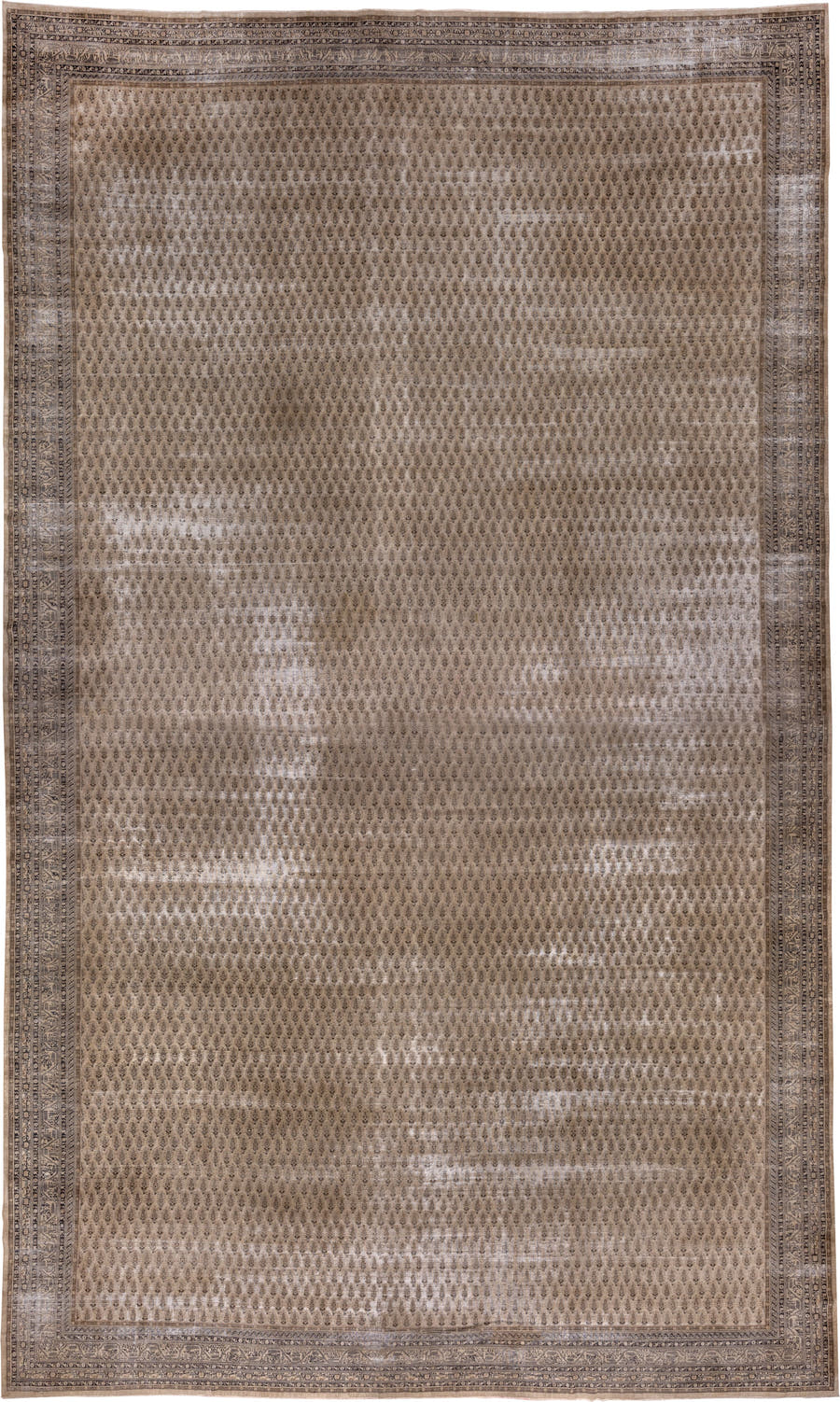 18' x 30' one-of-a-kind handmade vintage Saraband oversize rug. Color palette: taupe, brown, ivory, charcoal, beige, gray