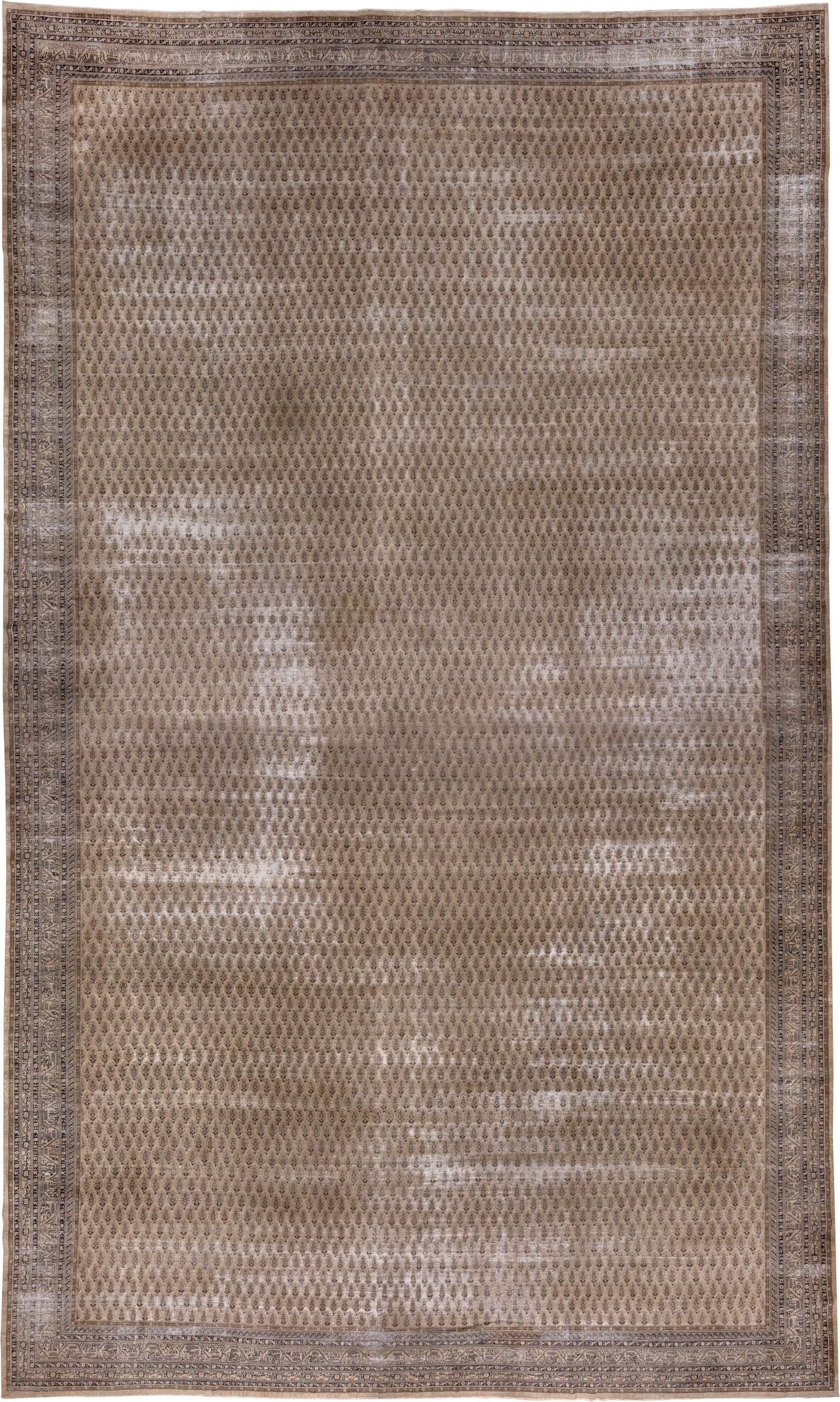18' x 30' one-of-a-kind handmade vintage Saraband oversize rug. Color palette: taupe, brown, ivory, charcoal, beige, gray