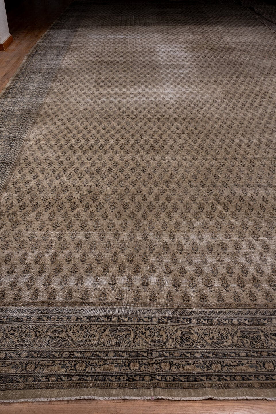 18' x 30' one-of-a-kind handmade vintage Saraband oversize rug. Color palette: taupe, brown, ivory, charcoal, beige, gray