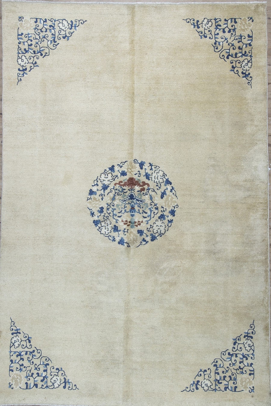 6' x 9' one-of-a-kind handmade antique Chinese medium size rug. Color palette: ivory, blue, cream, rust, beige, terracotta