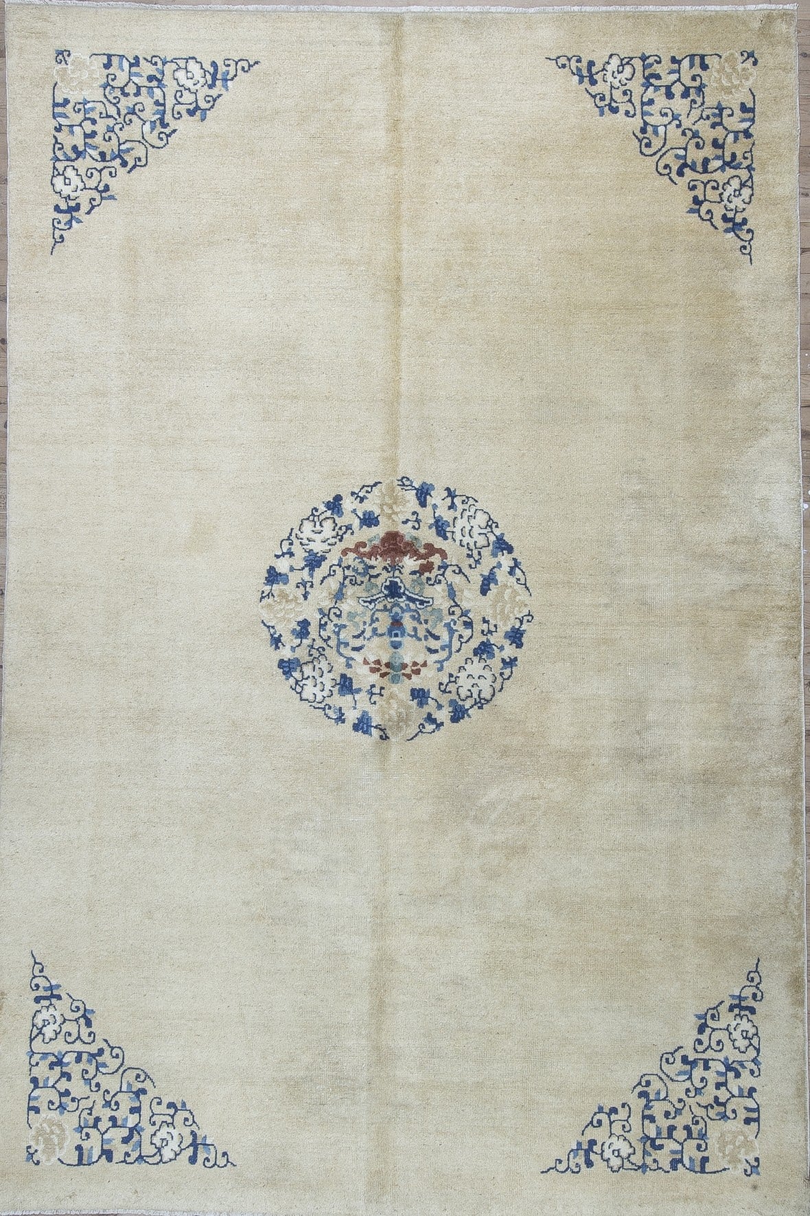 6' x 9' one-of-a-kind handmade antique Chinese medium size rug. Color palette: ivory, blue, cream, rust, beige, terracotta