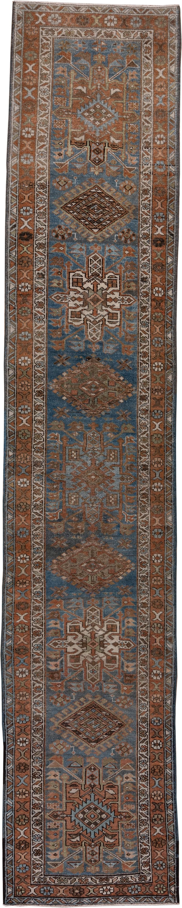 2' x 14' one-of-a-kind handmade antique Karaje runner rug. Color palette: blue, rust, ivory, brown, taupe, charcoal