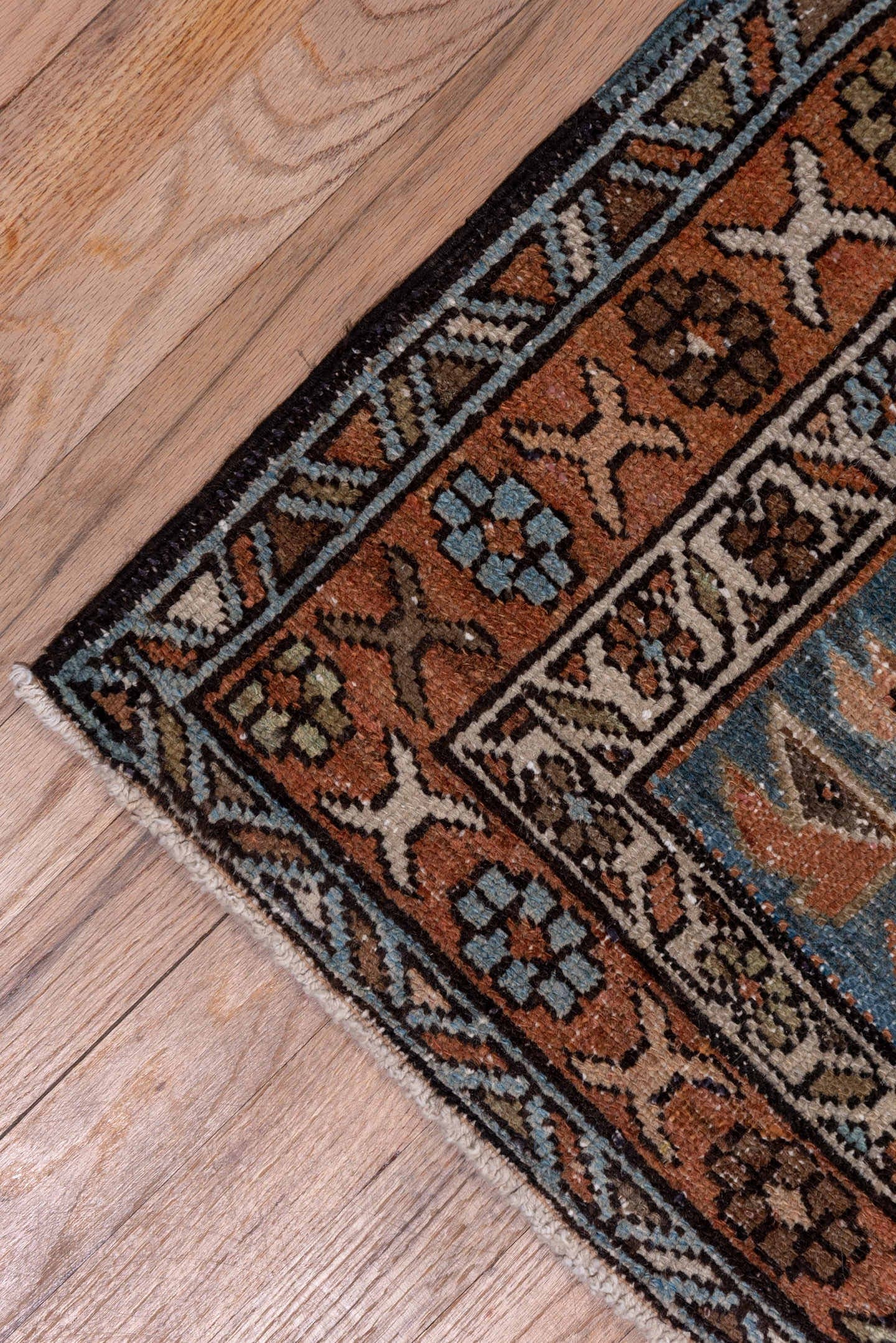 2' x 14' one-of-a-kind handmade antique Karaje runner rug. Color palette: blue, rust, ivory, brown, taupe, charcoal