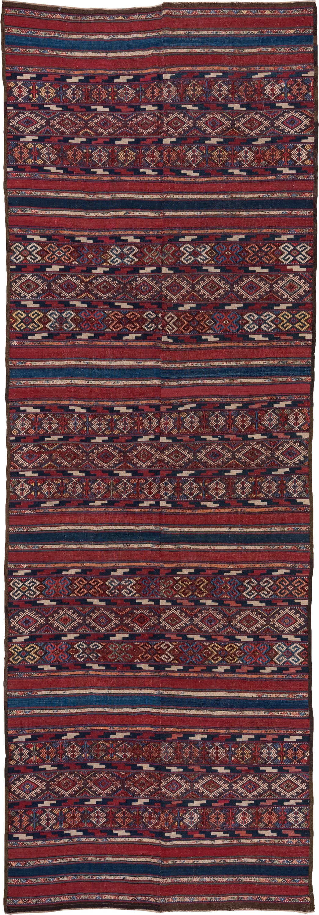 5' x 15' one-of-a-kind handmade antique Kilim rug. Color palette: rust, indigo, burgundy, ivory, navy, sienna, camel