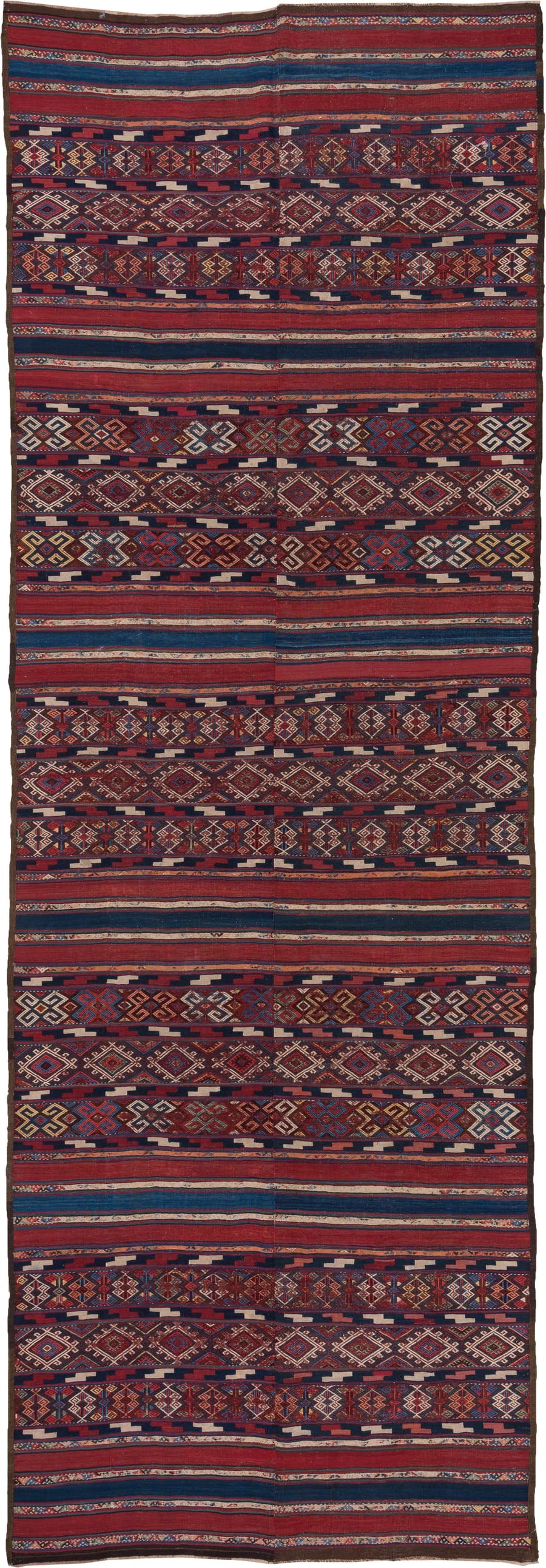 5' x 15' one-of-a-kind handmade antique Kilim rug. Color palette: rust, indigo, burgundy, ivory, navy, sienna, camel