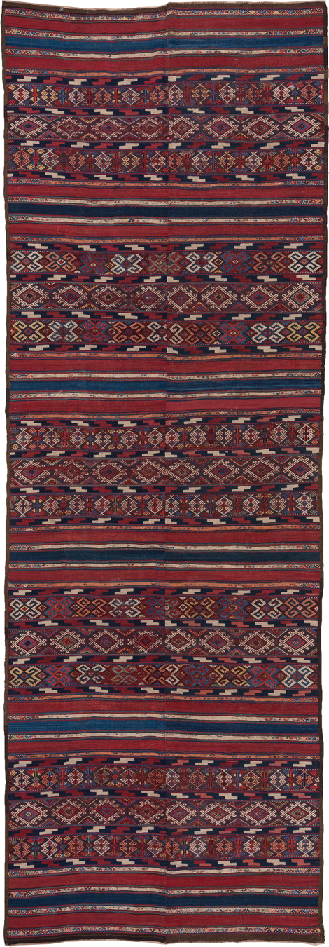5' x 15' one-of-a-kind handmade antique Kilim rug. Color palette: rust, indigo, burgundy, ivory, navy, sienna, camel
