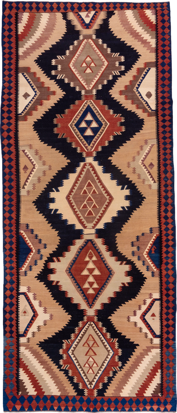 6' x 15' one-of-a-kind handmade antique Kilim rug. Color palette: ivory, navy, terracotta, taupe, rust, brown, blue, beige