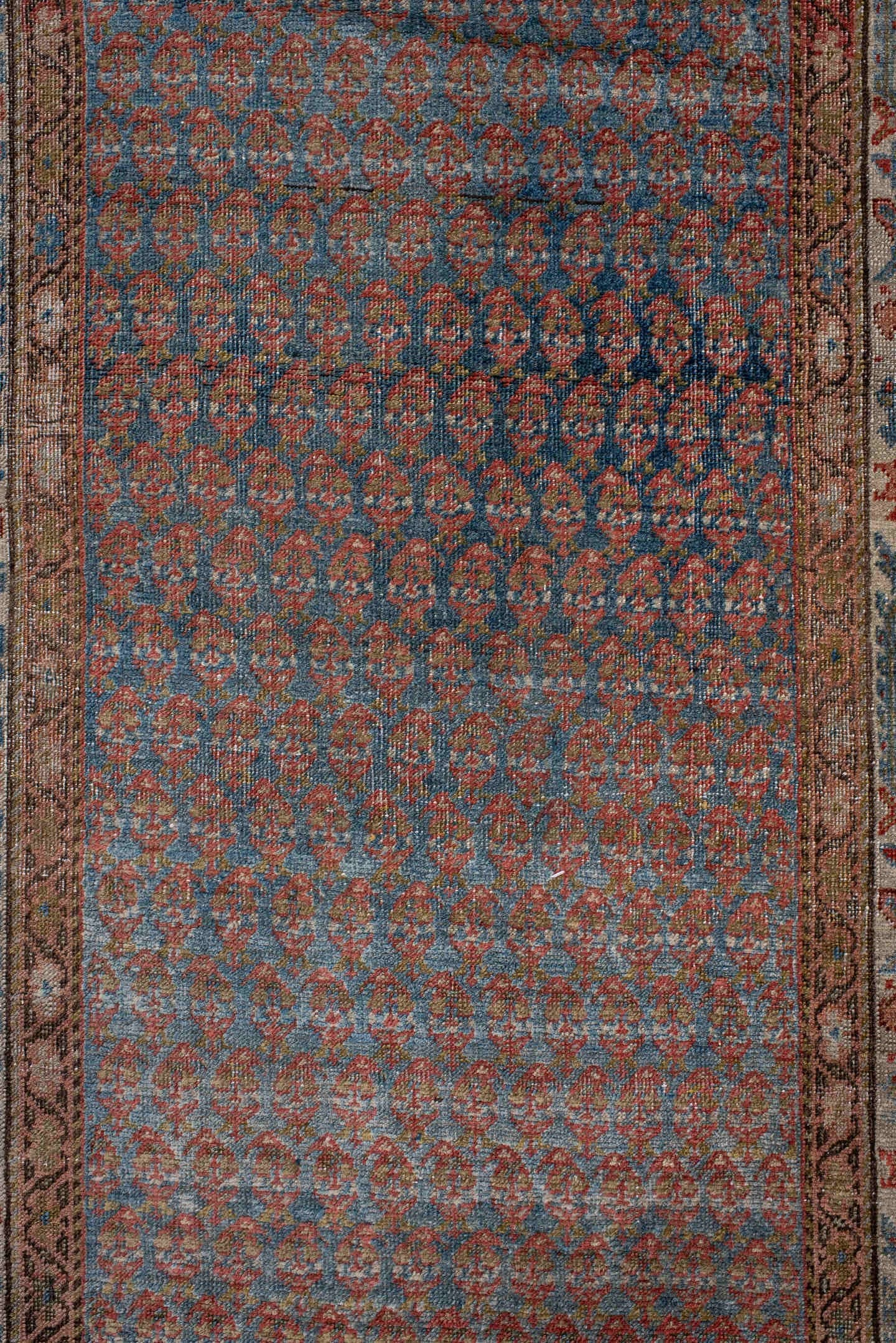 3' x 16' one-of-a-kind handmade antique Bidjar runner rug. Color palette: blue, ivory, rust, terracotta, taupe, slate, brown