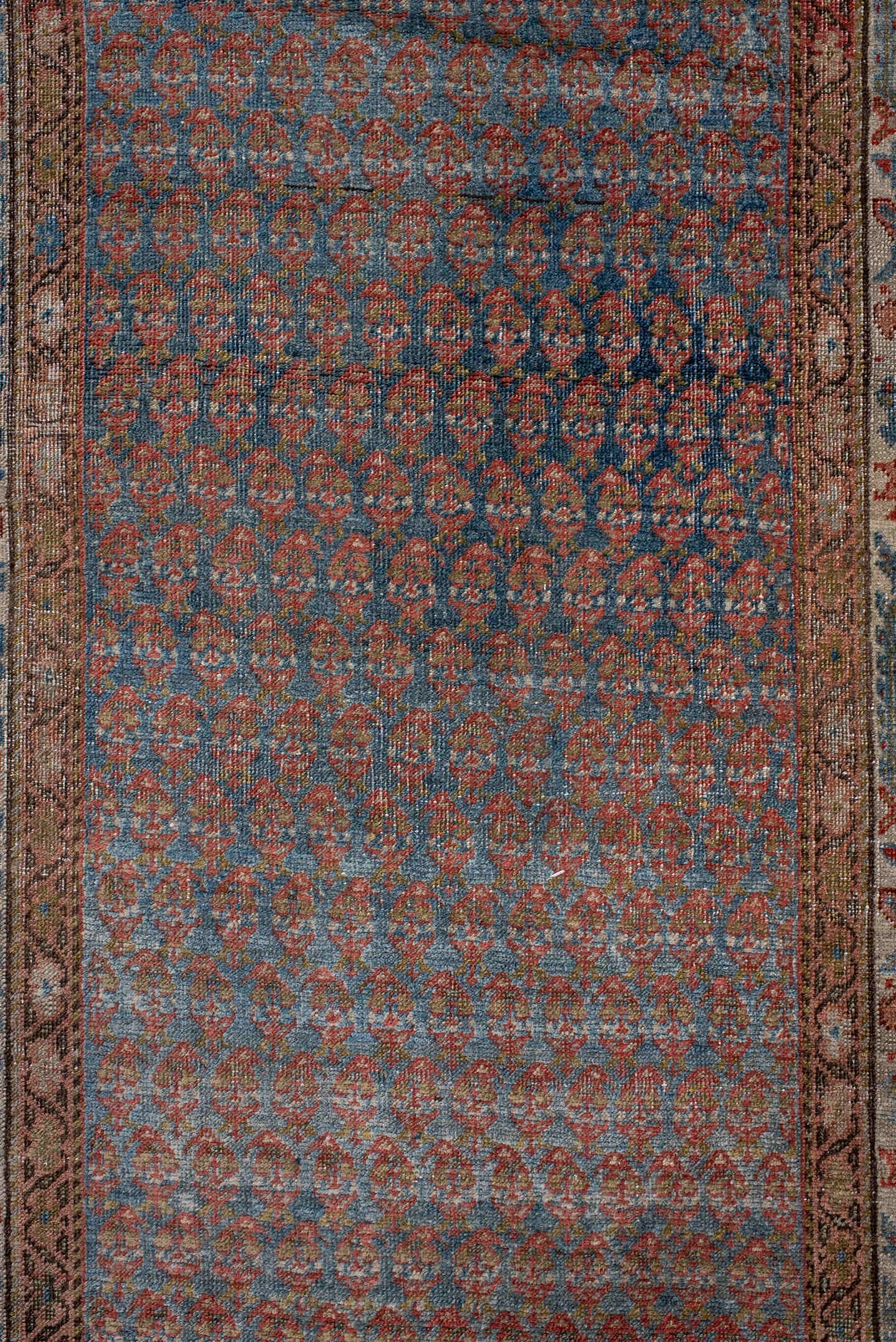 3' x 16' one-of-a-kind handmade antique Bidjar runner rug. Color palette: blue, ivory, rust, terracotta, taupe, slate, brown