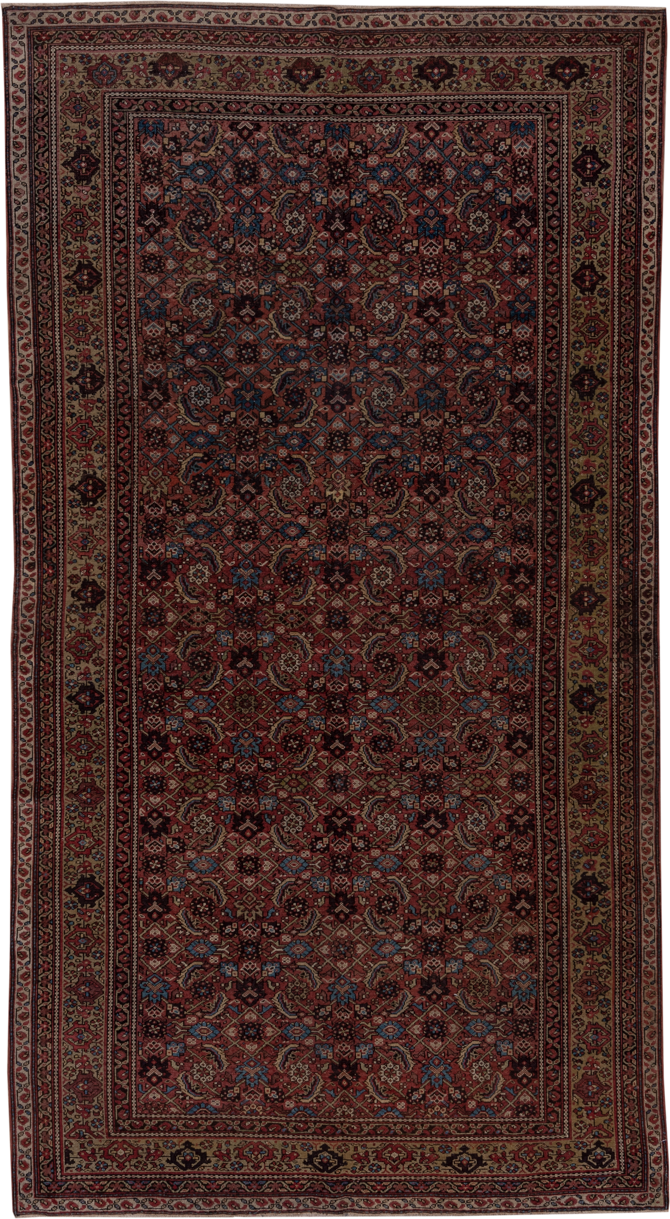 5' x 9' one-of-a-kind handmade antique Malayer medium size rug. Color palette: rust, ivory, burgundy, indigo, camel, navy