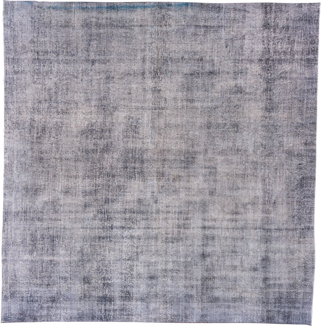 10' x 10' one-of-a-kind handmade antique Overdyed large size rug. Color palette: silver, gray, slate, ivory, blue