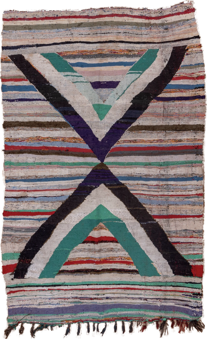 5' x 8' one-of-a-kind handmade vintage Rag Rug medium size rug. Color palette: ivory, black, teal, red, sky_blue, violet