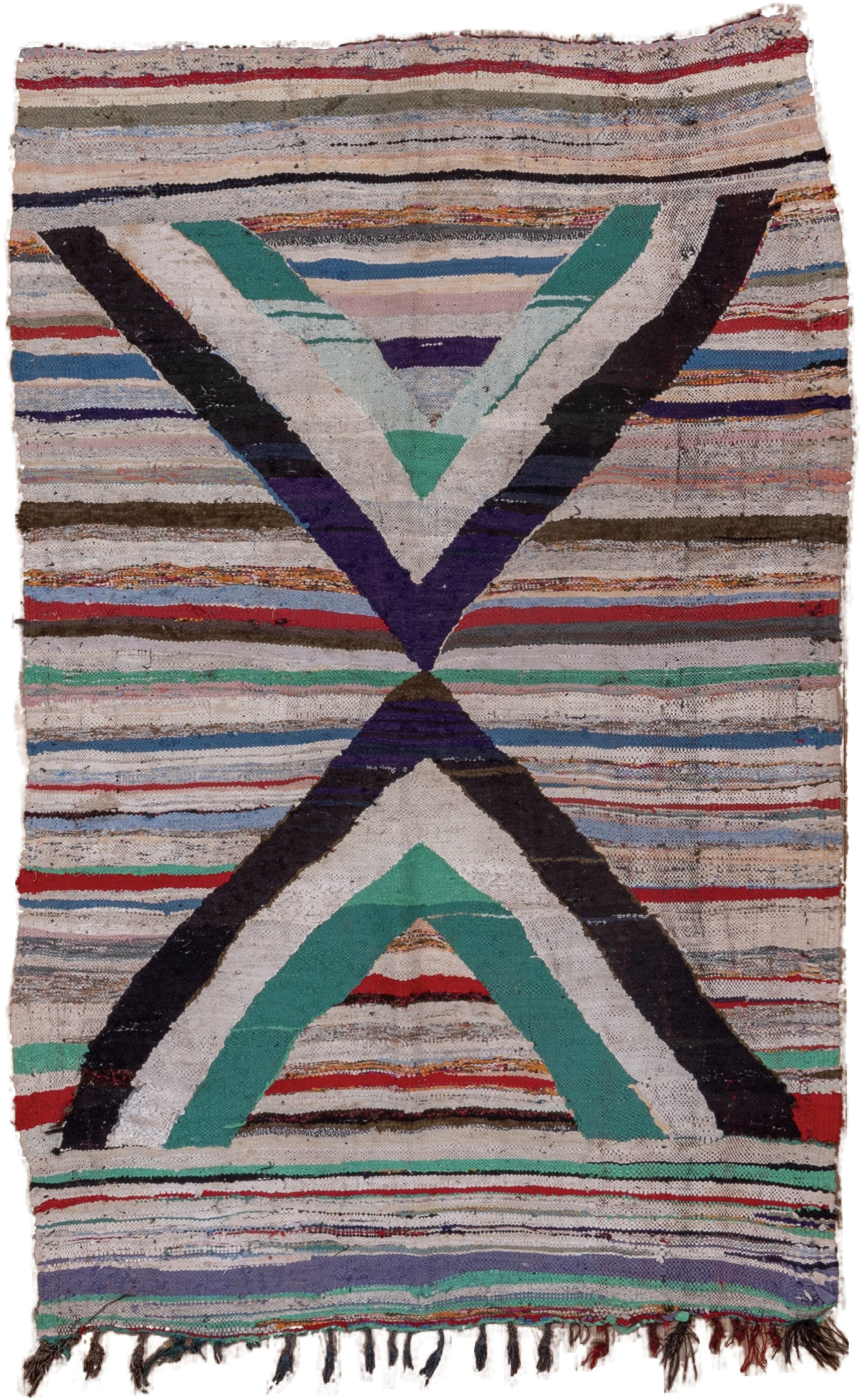 5' x 8' one-of-a-kind handmade vintage Rag Rug medium size rug. Color palette: ivory, black, teal, red, sky_blue, violet