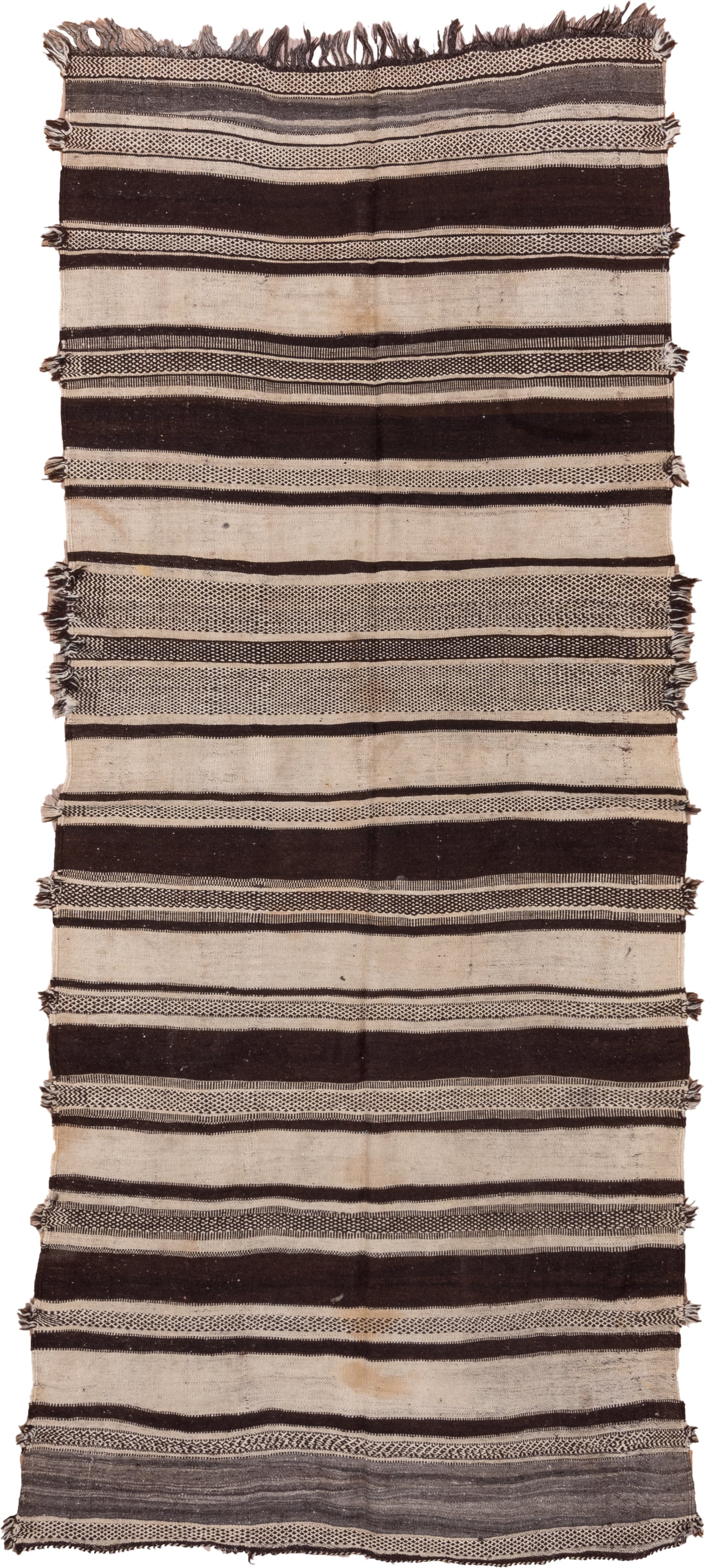 4' x 10' one-of-a-kind handmade vintage Blanket runner rug. Color palette: ivory, espresso, charcoal, taupe, brown, black