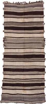 4' x 10' one-of-a-kind handmade vintage Blanket runner rug. Color palette: ivory, espresso, charcoal, taupe, brown, black