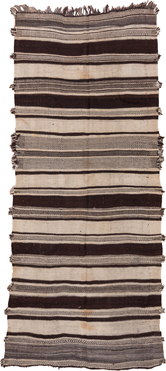 4' x 10' one-of-a-kind handmade vintage Blanket runner rug. Color palette: ivory, espresso, charcoal, taupe, brown, black