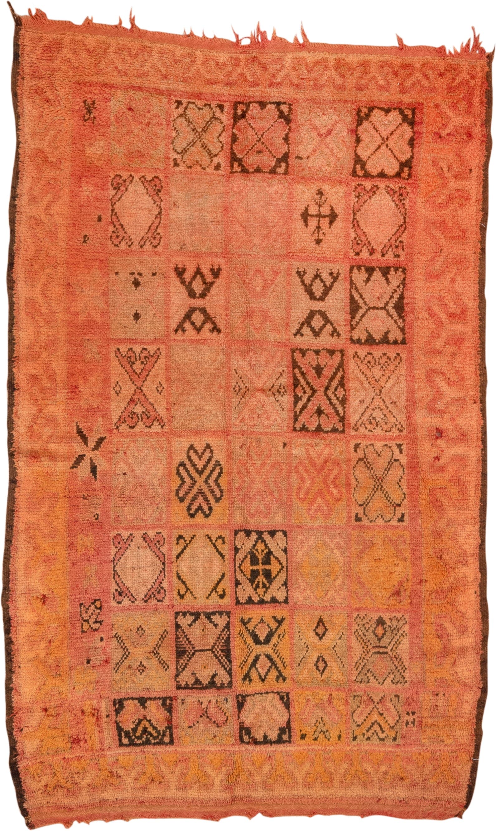 4' x 7' one-of-a-kind handmade vintage Moroccan rug. Color palette: salmon, terra cotta, peach, coral, charcoal, rose