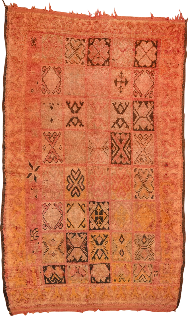 4' x 7' one-of-a-kind handmade vintage Moroccan rug. Color palette: brown, gray, orange, pink, red, sienna