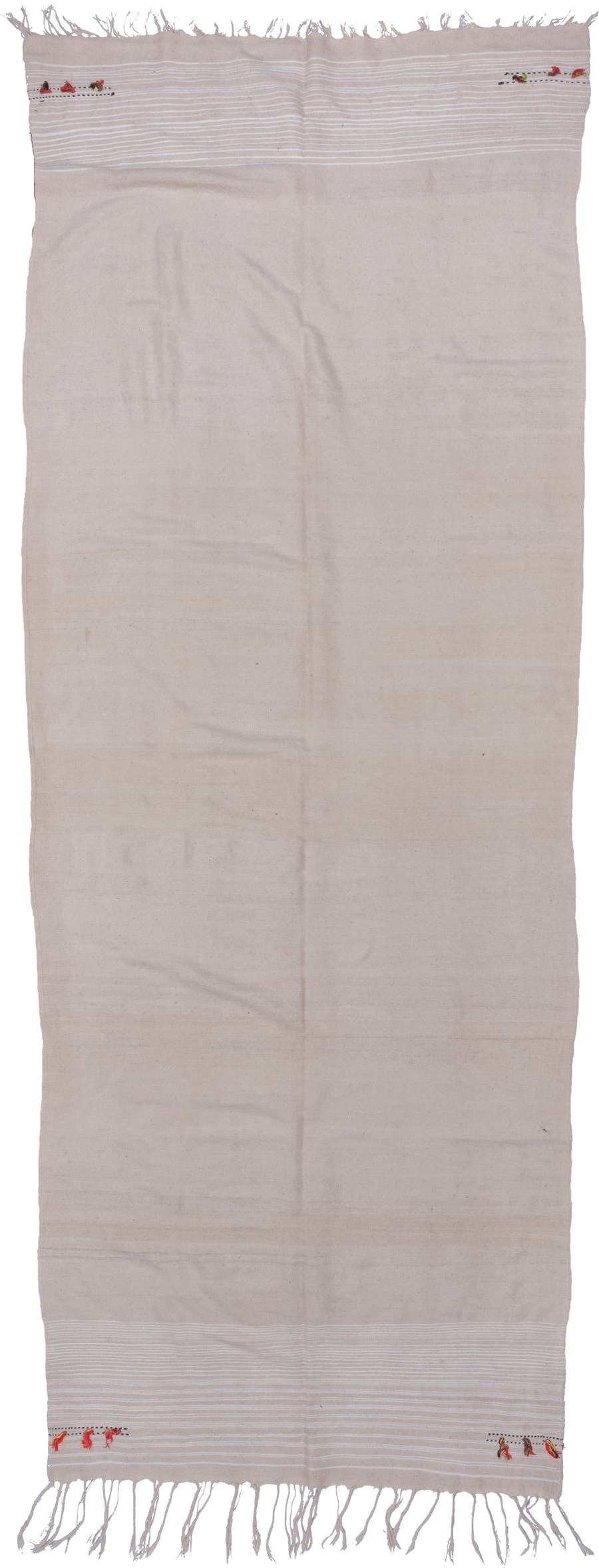 5' x 12' one-of-a-kind handmade vintage Blanket rug. Color palette: ivory, cream, taupe, coral, saffron, charcoal, beige