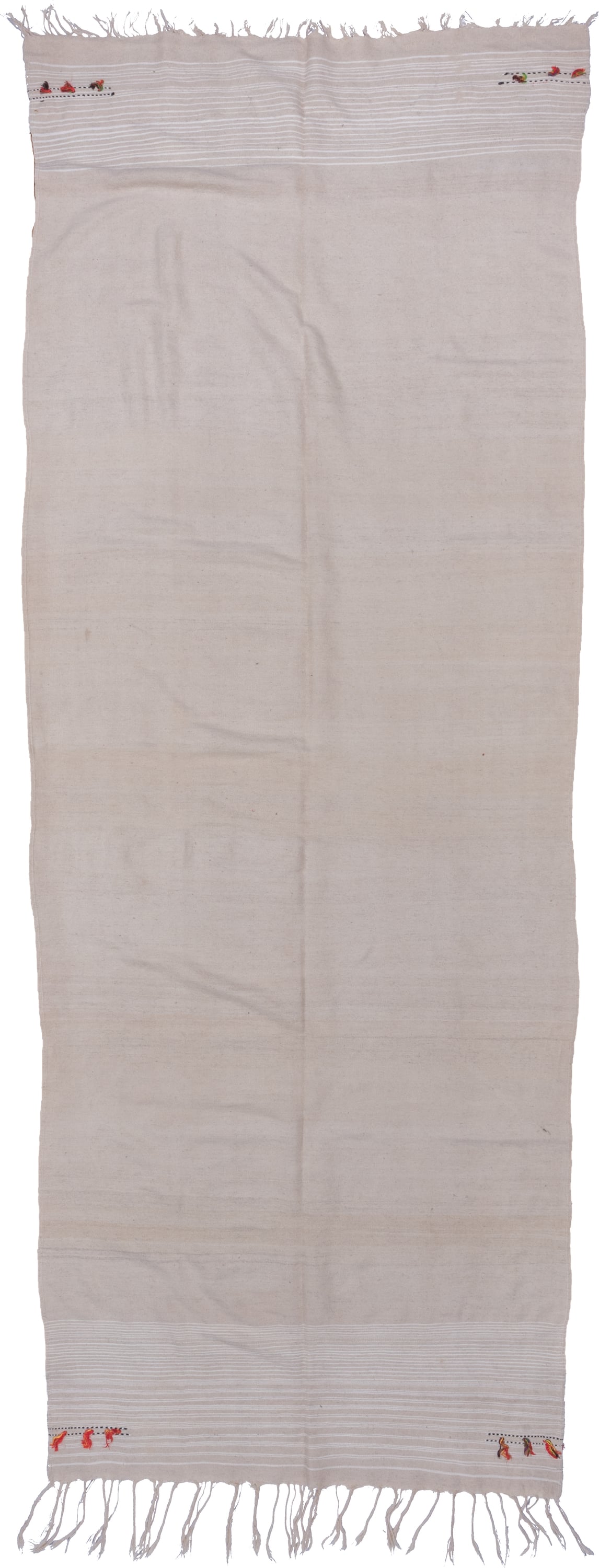 5' x 12' one-of-a-kind handmade vintage Blanket rug. Color palette: ivory, cream, taupe, coral, saffron, charcoal, beige