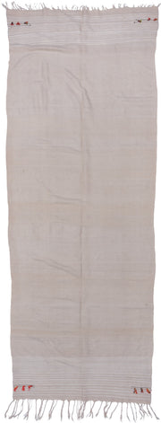5' x 12' one-of-a-kind handmade vintage Blanket rug. Color palette: ivory, cream, taupe, coral, saffron, charcoal, beige