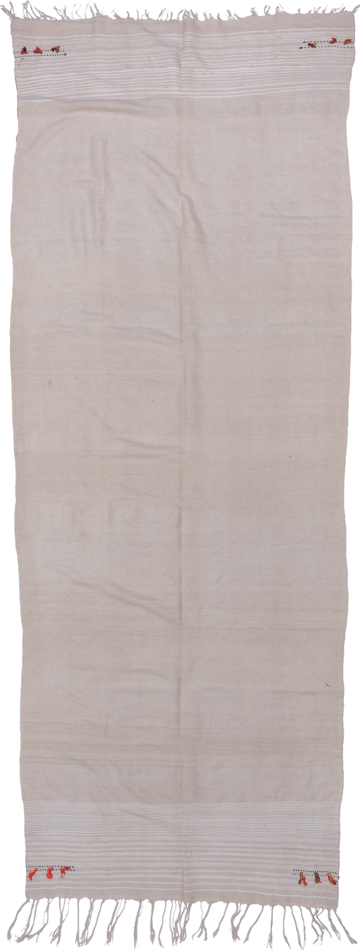 5' x 12' one-of-a-kind handmade vintage Blanket rug. Color palette: ivory, cream, taupe, coral, saffron, charcoal, beige