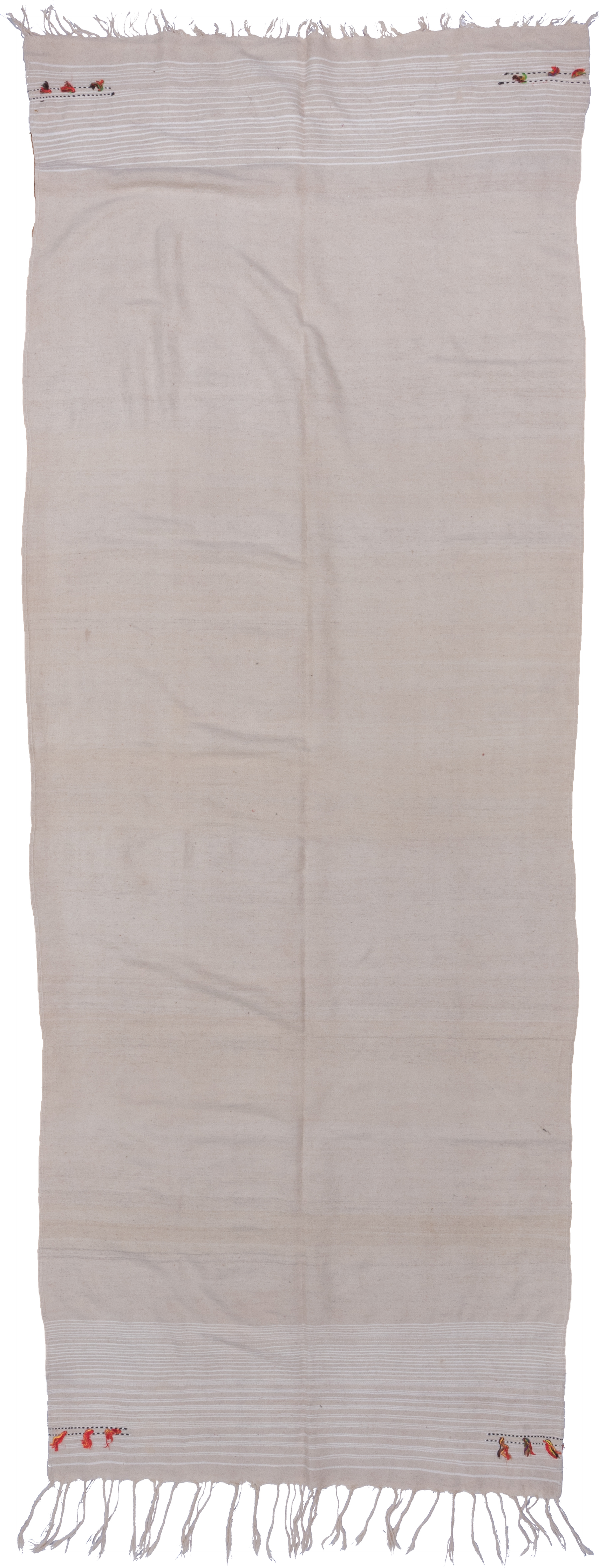 5' x 12' one-of-a-kind handmade vintage Blanket rug. Color palette: ivory, cream, taupe, coral, saffron, charcoal, beige