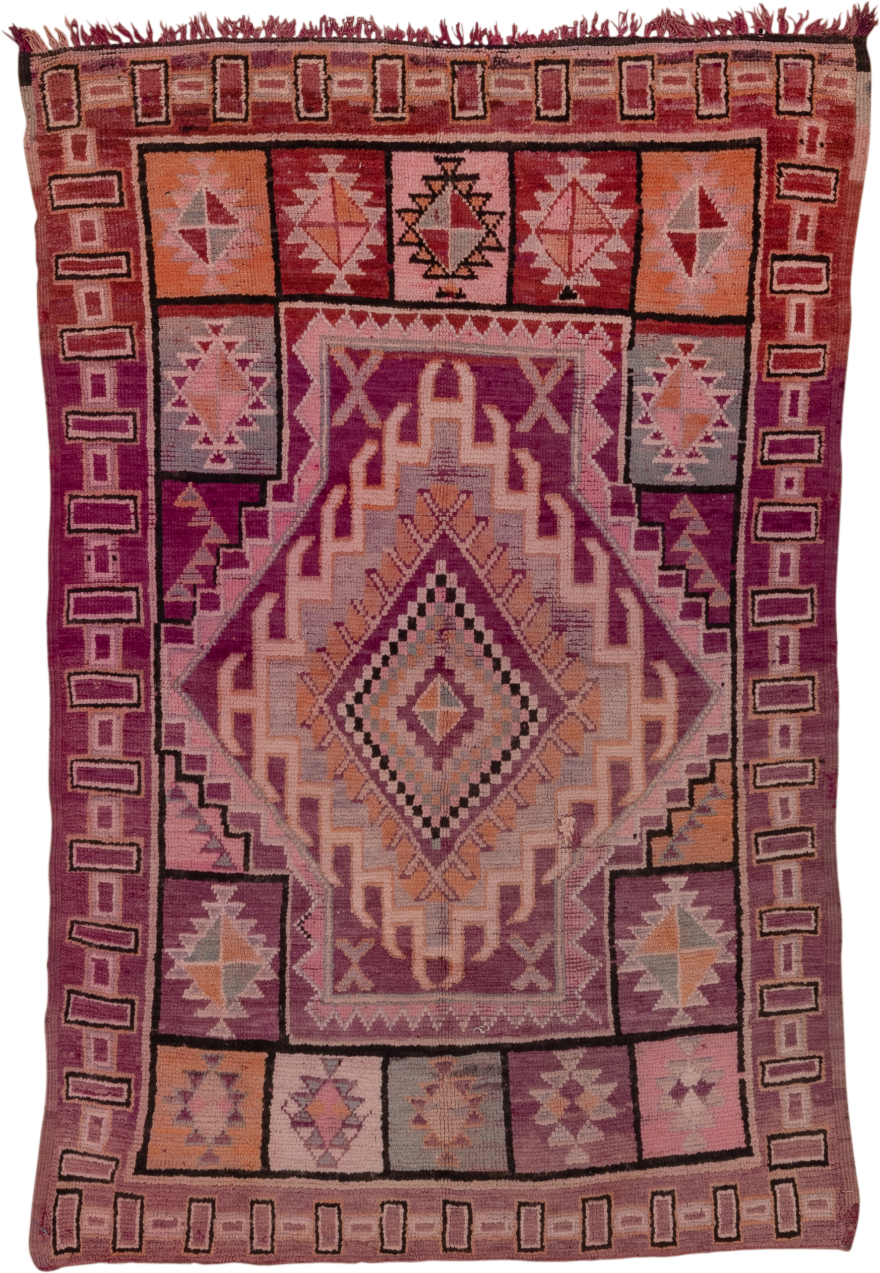 5' x 8' one-of-a-kind handmade vintage Moroccan medium size rug. Color palette: magenta, rose, mauve, peach, plum, lavender