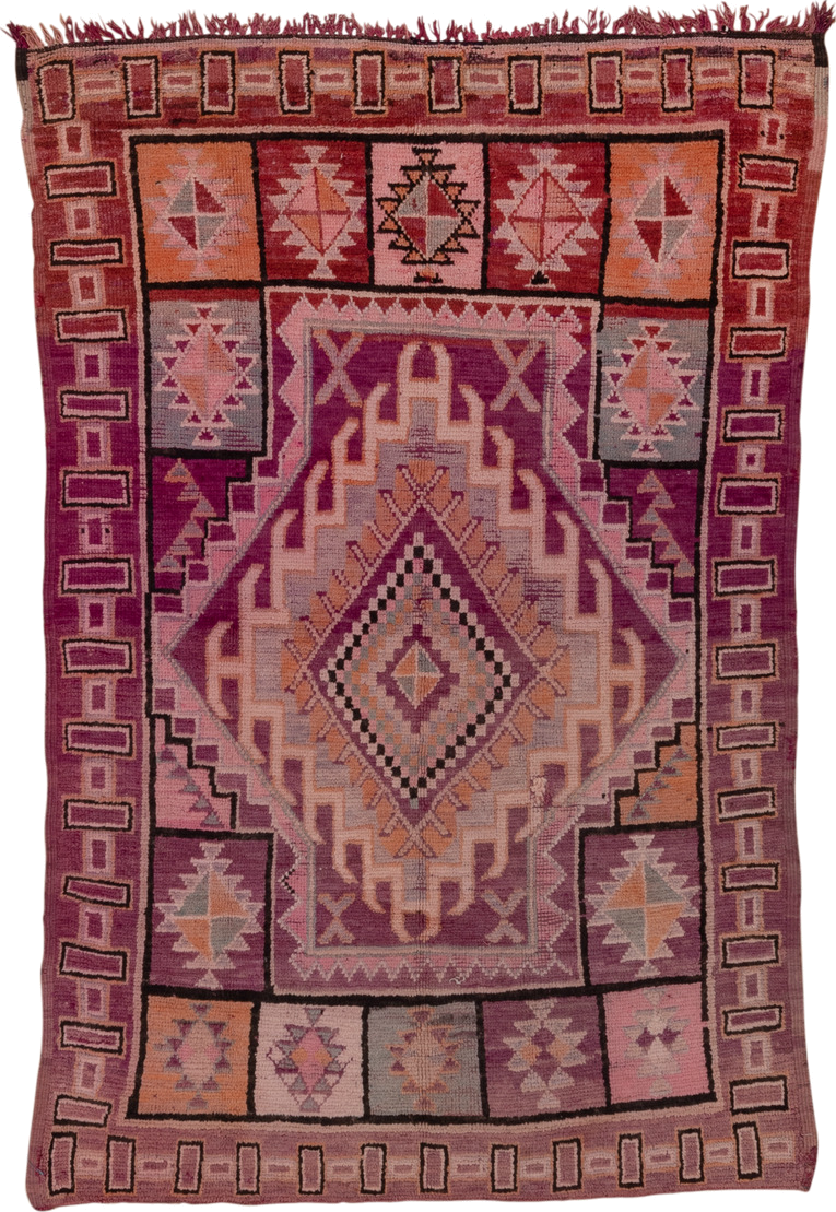 5' x 8' one-of-a-kind handmade vintage Moroccan medium size rug. Color palette: magenta, rose, mauve, peach, plum, lavender