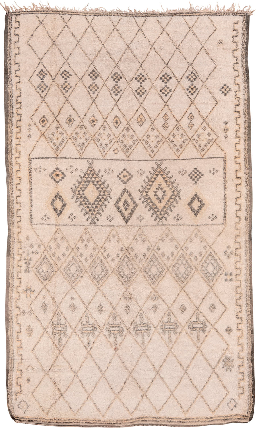 6' x 11' one-of-a-kind handmade vintage Moroccan large size rug. Color palette: ivory, charcoal, taupe, camel, gray, black