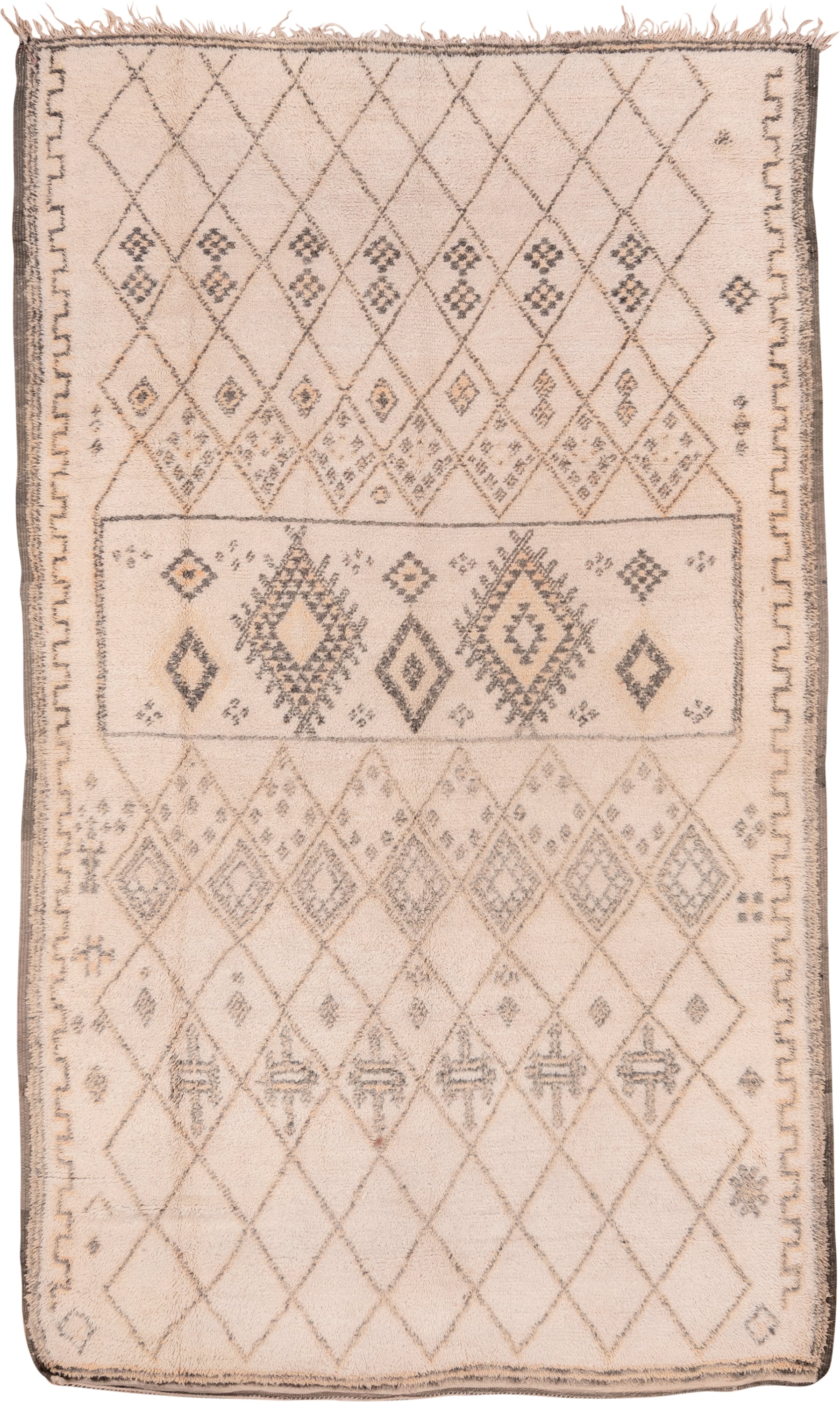 6' x 11' one-of-a-kind handmade vintage Moroccan large size rug. Color palette: ivory, charcoal, taupe, camel, gray, black