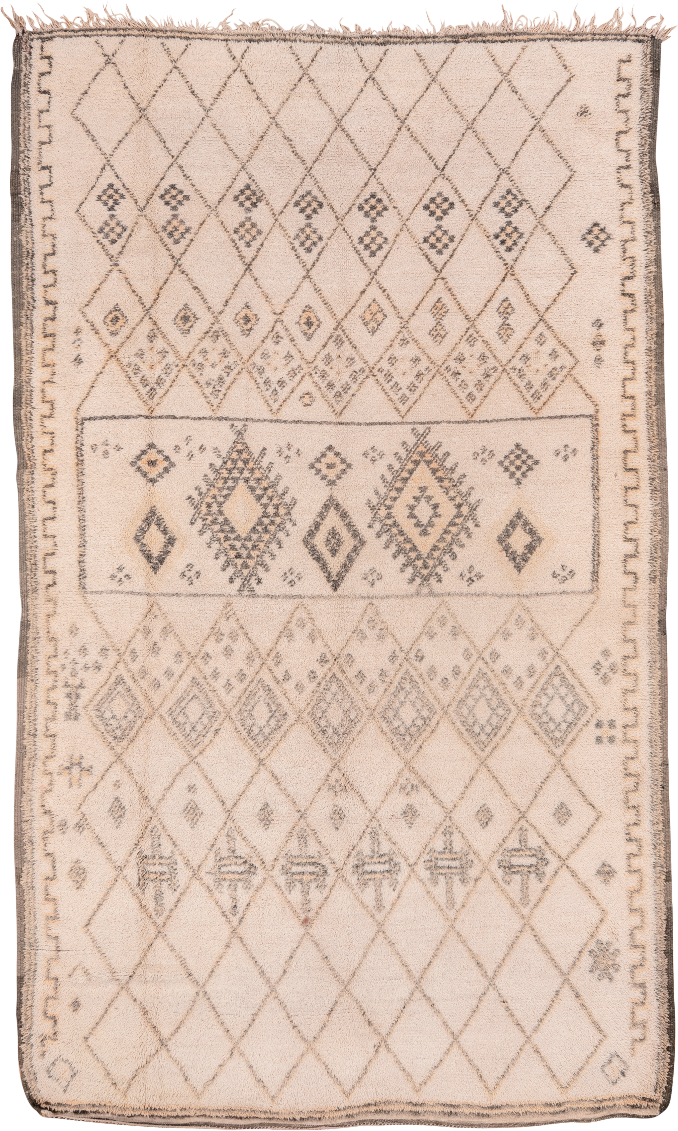 6' x 11' one-of-a-kind handmade vintage Moroccan large size rug. Color palette: ivory, charcoal, taupe, camel, gray, black