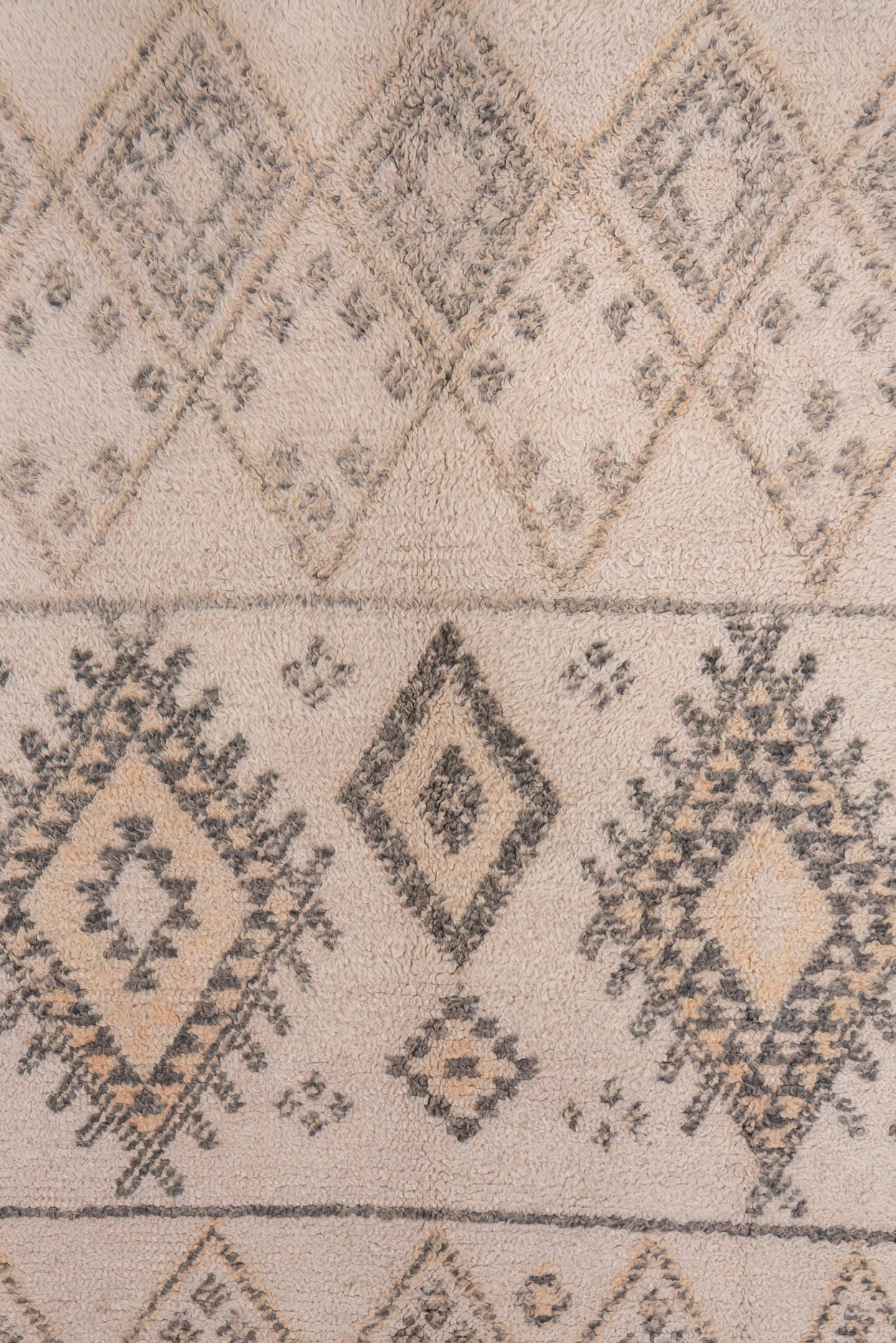 6' x 11' one-of-a-kind handmade vintage Moroccan large size rug. Color palette: ivory, charcoal, taupe, camel, gray, black