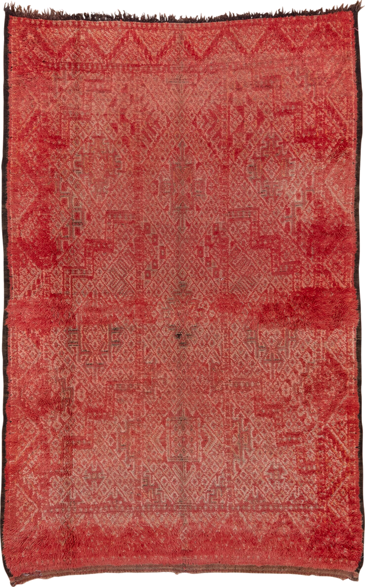 6' x 10' one-of-a-kind handmade vintage Moroccan large size rug. Color palette: brown, pink, red