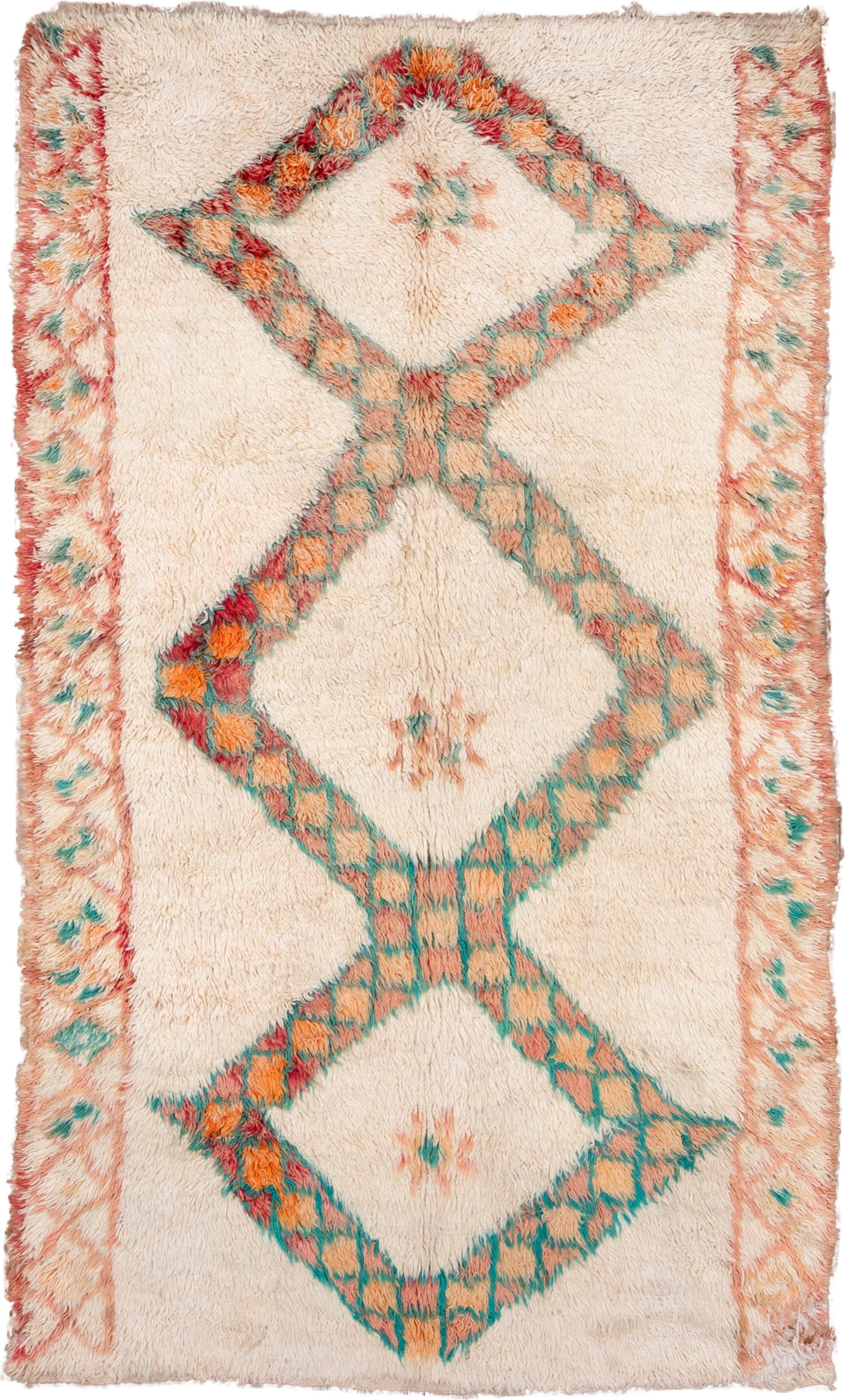 5' x 9' one-of-a-kind handmade vintage Moroccan medium size rug. Color palette: ivory, peach, teal, coral, orange, red