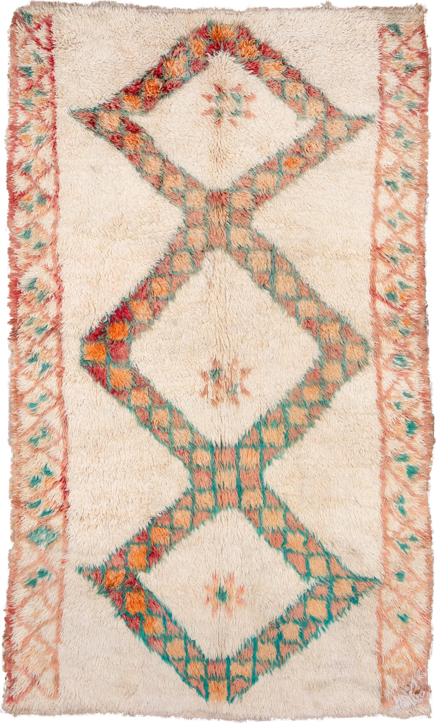 5' x 9' one-of-a-kind handmade vintage Moroccan medium size rug. Color palette: ivory, peach, teal, coral, orange, red