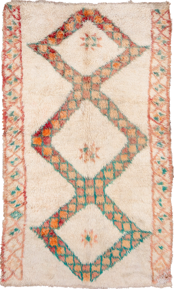 5' x 9' one-of-a-kind handmade vintage Moroccan medium size rug. Color palette: antiquewhite, blue, brown, gray, green