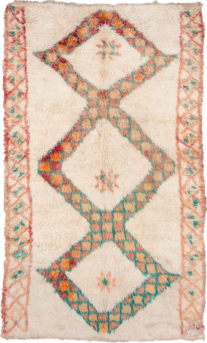 5' x 9' one-of-a-kind handmade vintage Moroccan medium size rug. Color palette: antiquewhite, blue, brown, gray, green