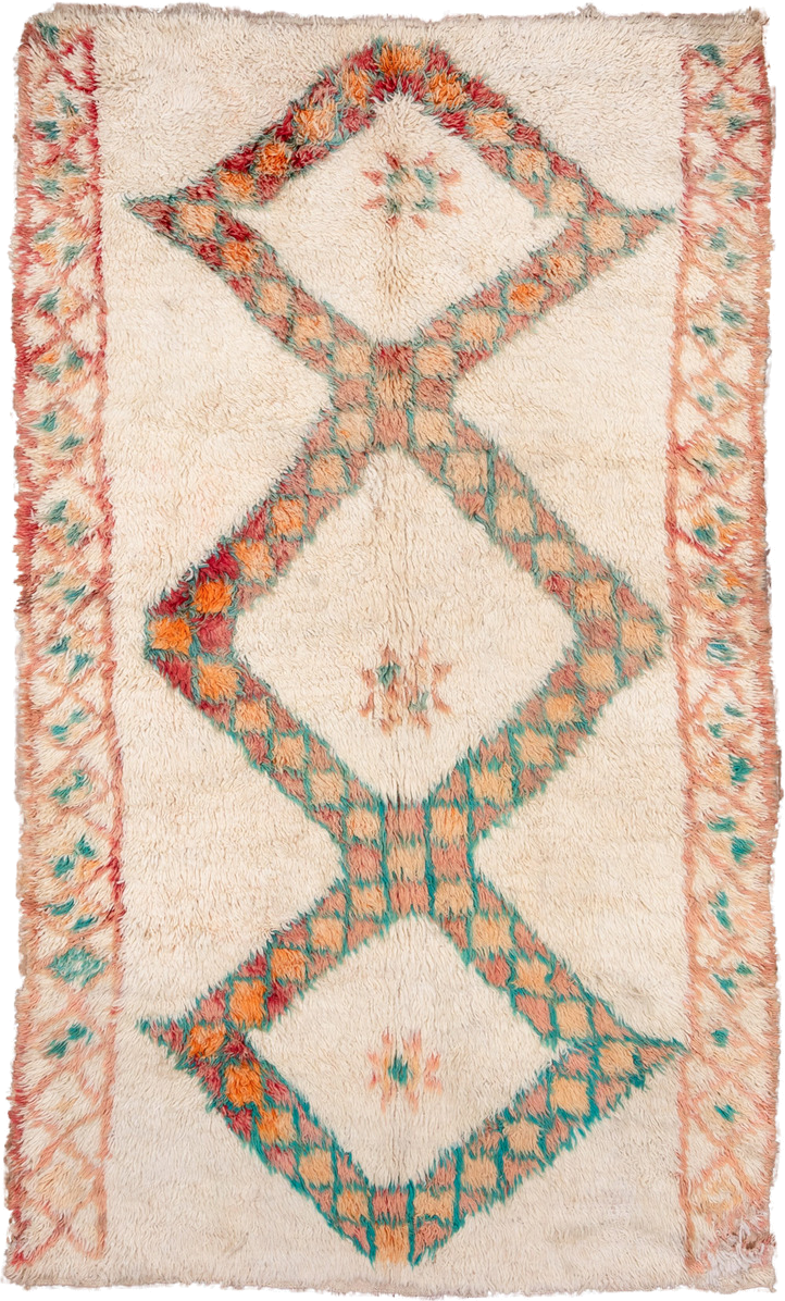 5' x 9' one-of-a-kind handmade vintage Moroccan medium size rug. Color palette: ivory, peach, teal, coral, orange, red