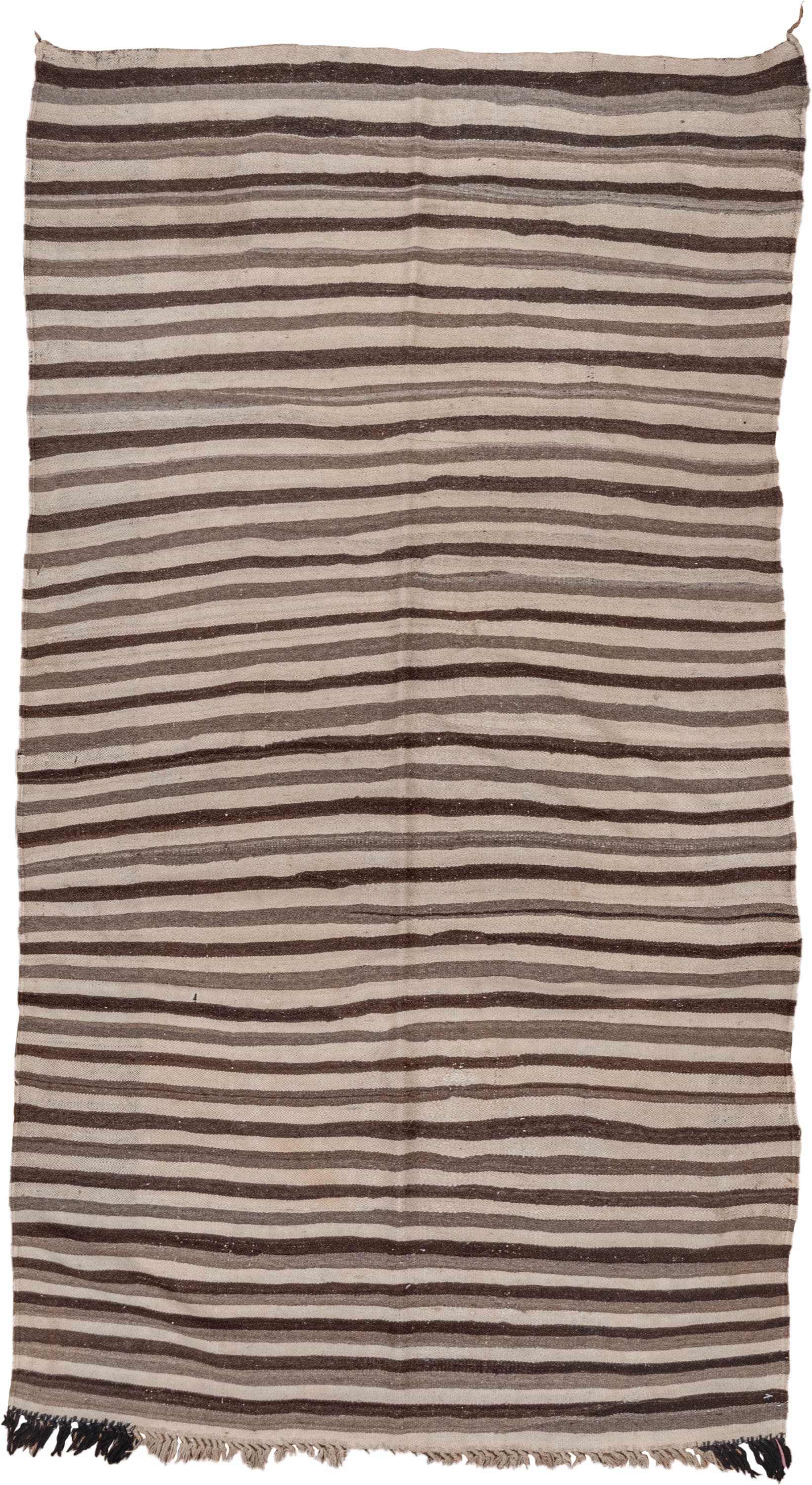 3' x 6' one-of-a-kind handmade vintage Blanket small size rug. Color palette: ivory, brown, taupe, charcoal, beige, gray