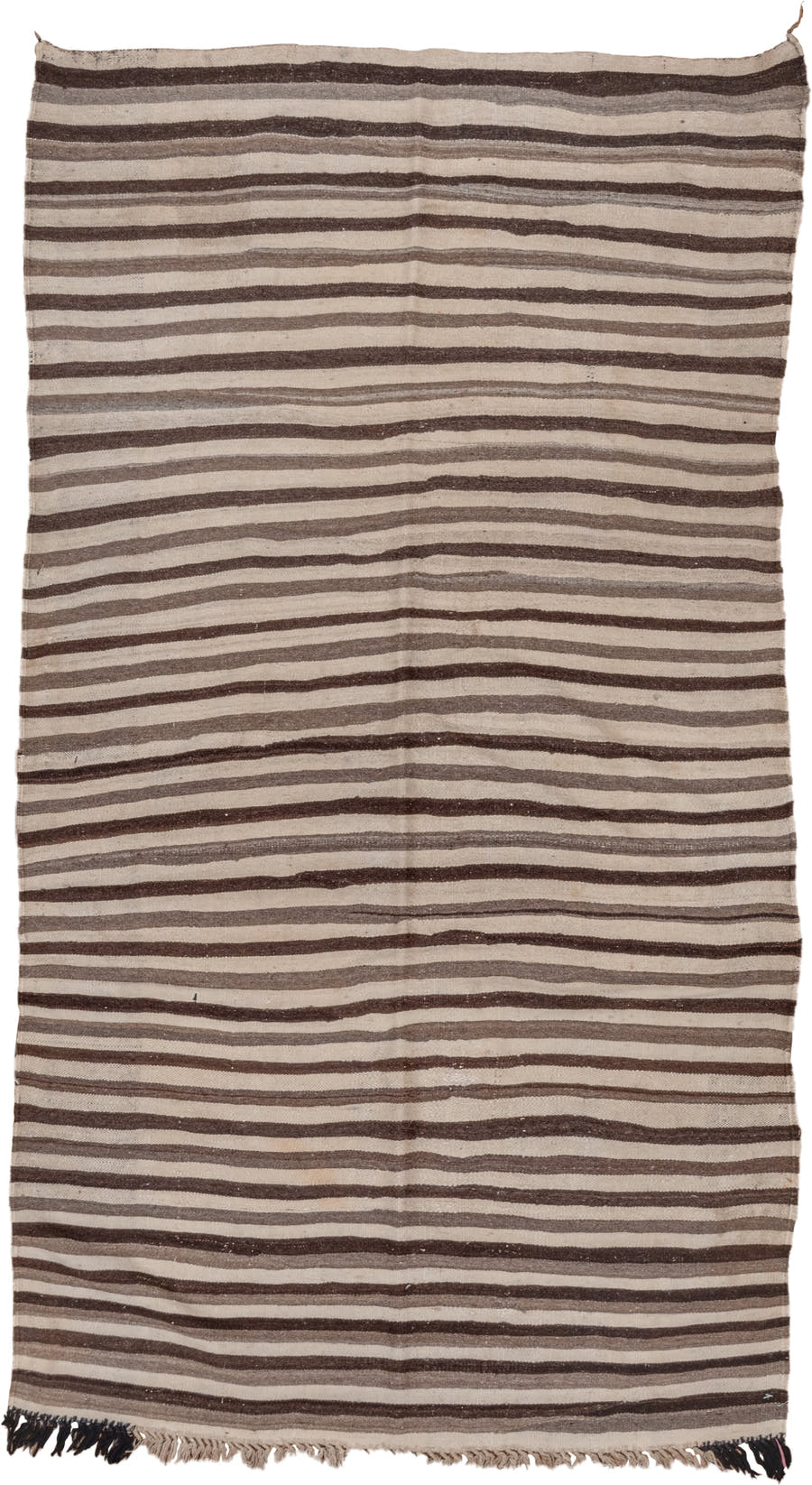 3' x 6' one-of-a-kind handmade vintage Blanket small size rug. Color palette: ivory, brown, taupe, charcoal, beige, gray