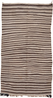 3' x 6' one-of-a-kind handmade vintage Blanket small size rug. Color palette: ivory, brown, taupe, charcoal, beige, gray