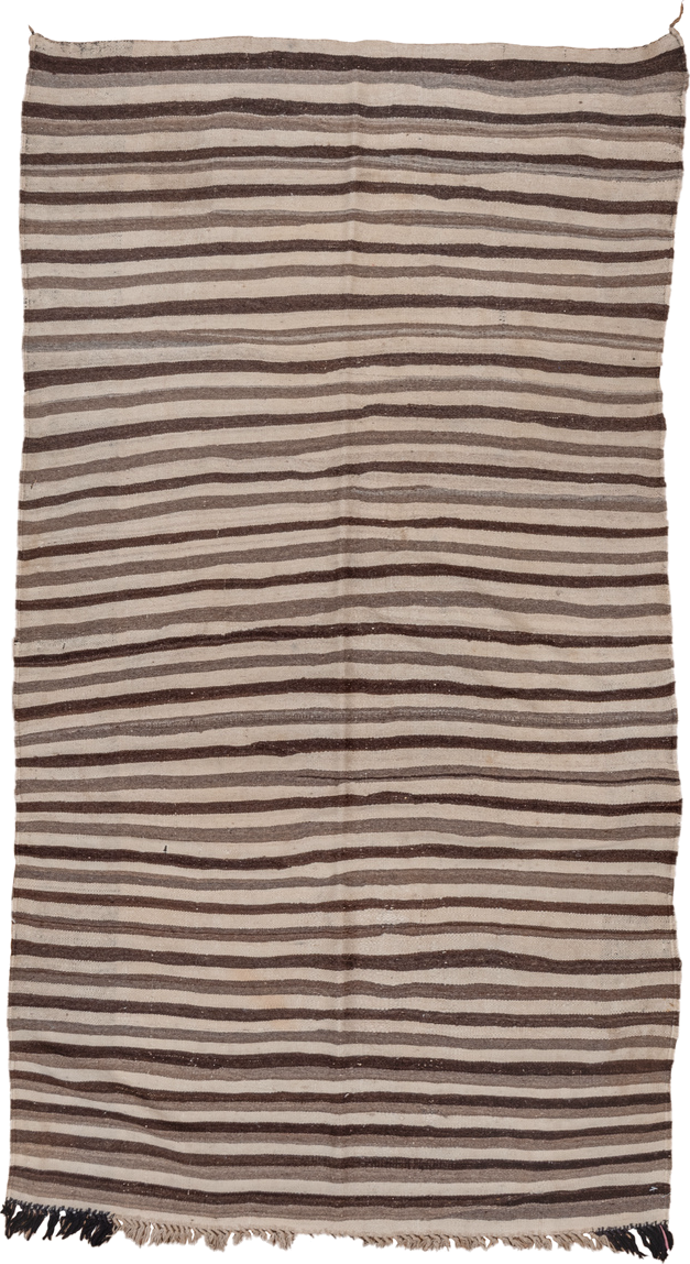 3' x 6' one-of-a-kind handmade vintage Blanket small size rug. Color palette: ivory, brown, taupe, charcoal, beige, gray