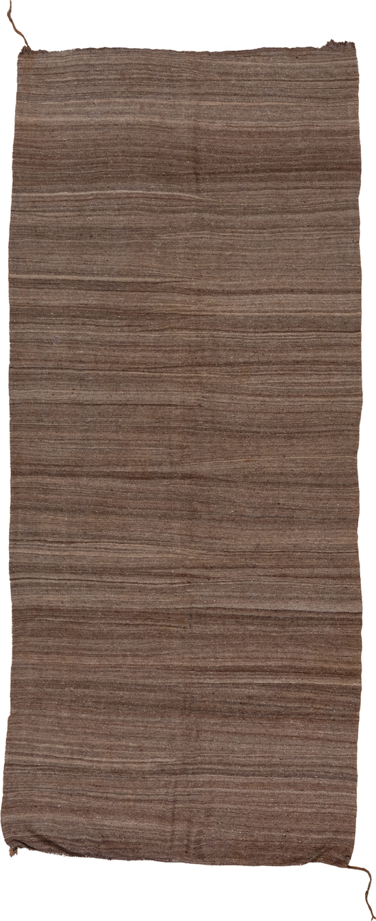 4' x 9' one-of-a-kind handmade vintage Blanket runner rug. Color palette: brown, taupe, camel, charcoal, beige, gray, black