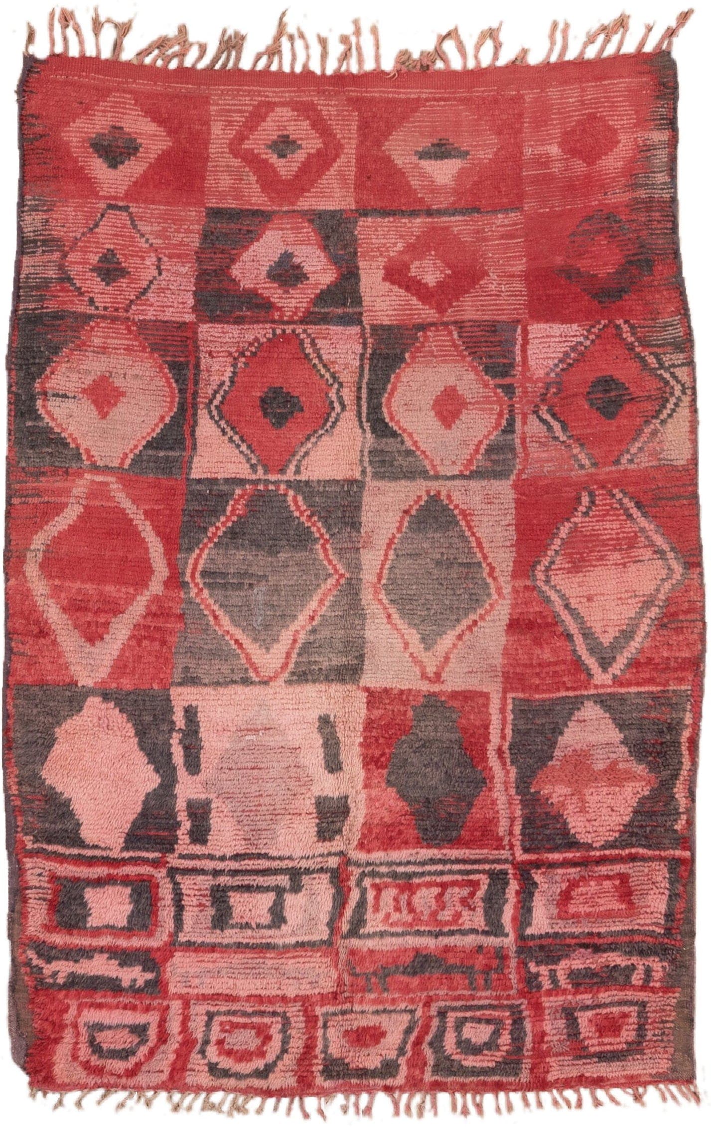 5' x 6' one-of-a-kind handmade vintage Moroccan rug. Color palette: rose, crimson, charcoal, blush, terra cotta, pink, red