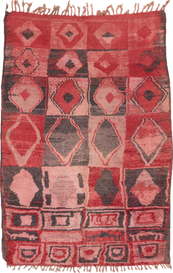 5' x 6' one-of-a-kind handmade vintage Moroccan rug. Color palette: brown, gray, indian red, pink, red, wine